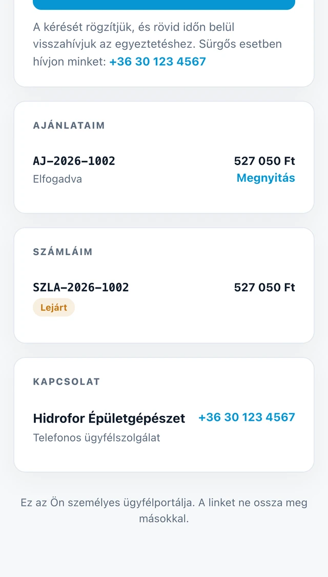 Ügyfélportál: ajánlatok, számlák és kapcsolat