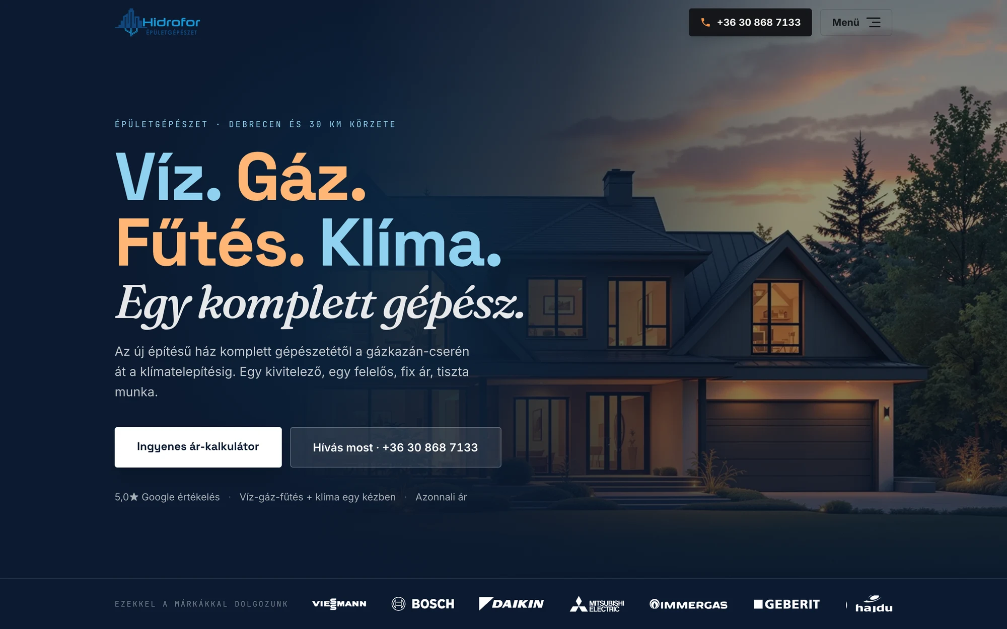A Hidrofor weboldal nyitóképernyője asztali nézetben