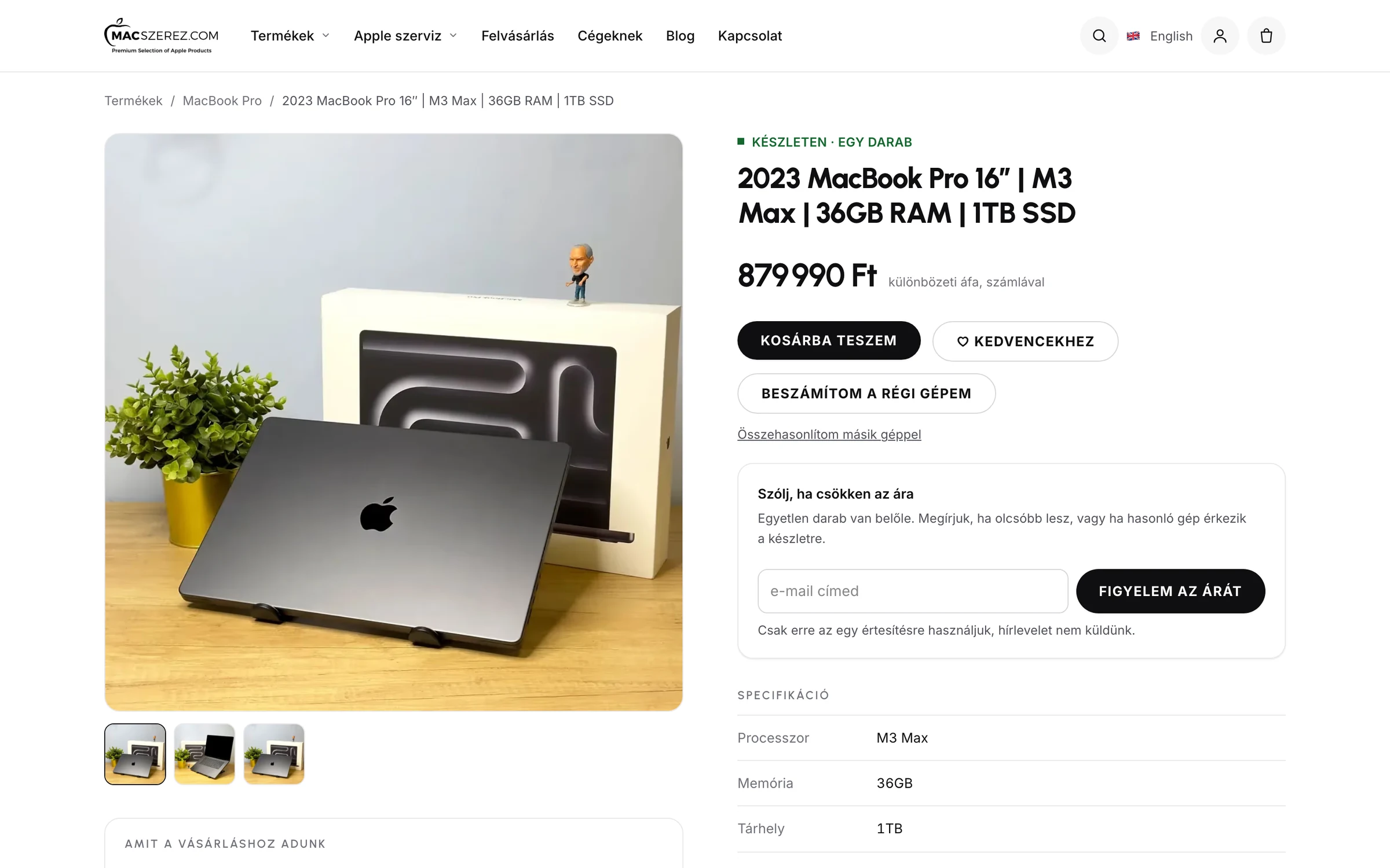Termékoldal: fotók, ár, kosárba tétel, bevizsgálás, specifikáció