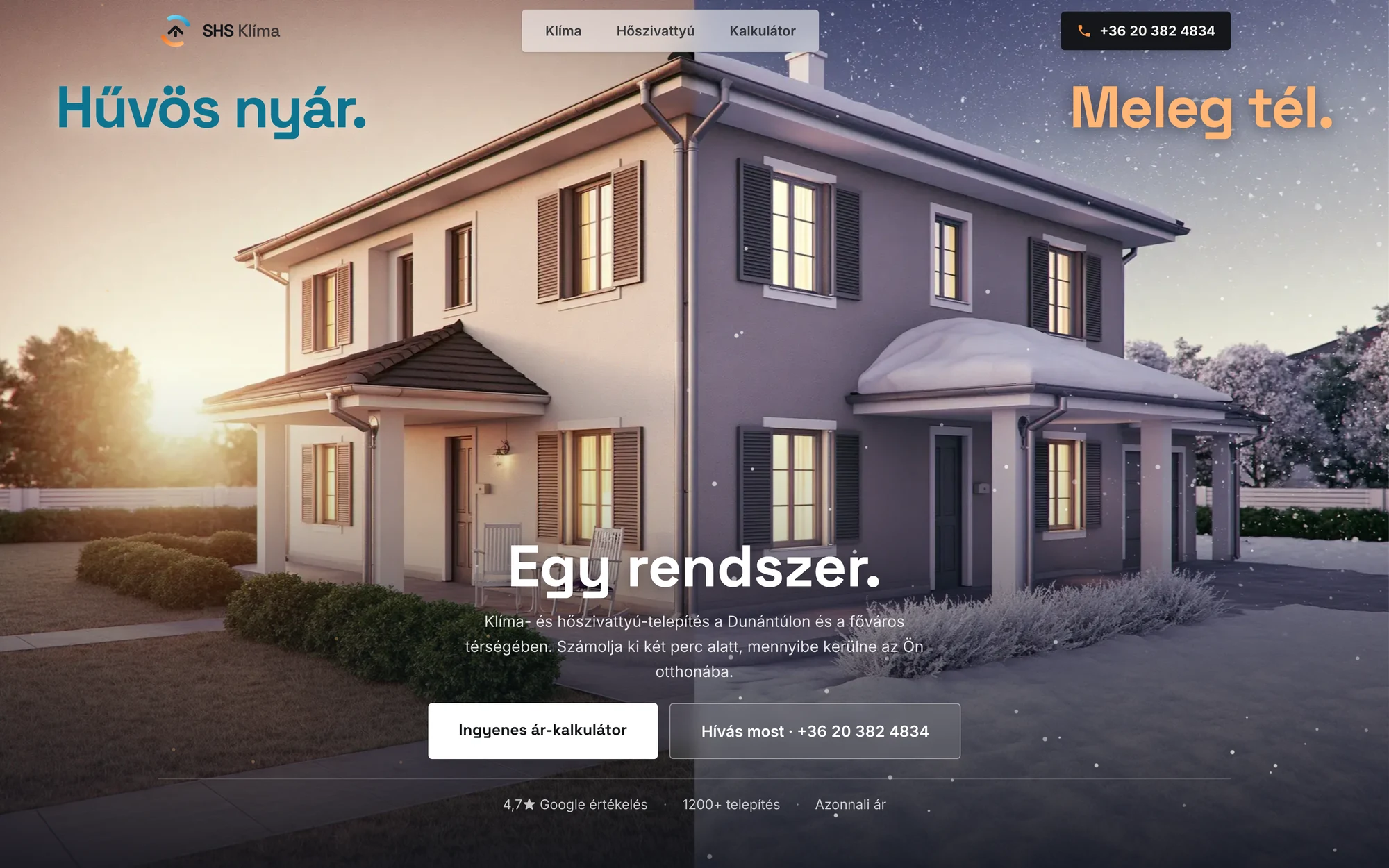 Az SHS Klíma nyitóképernyője: egy házon nyár és tél