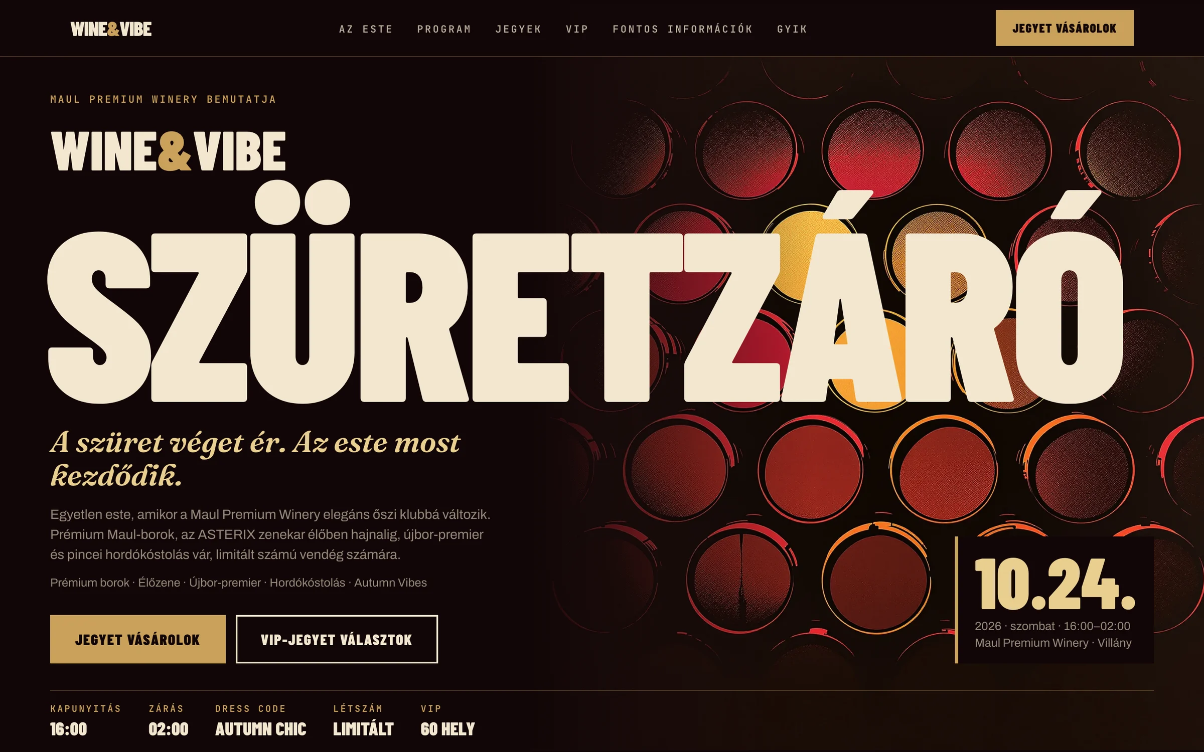 A Wine & Vibe eseményoldal nyitóképernyője